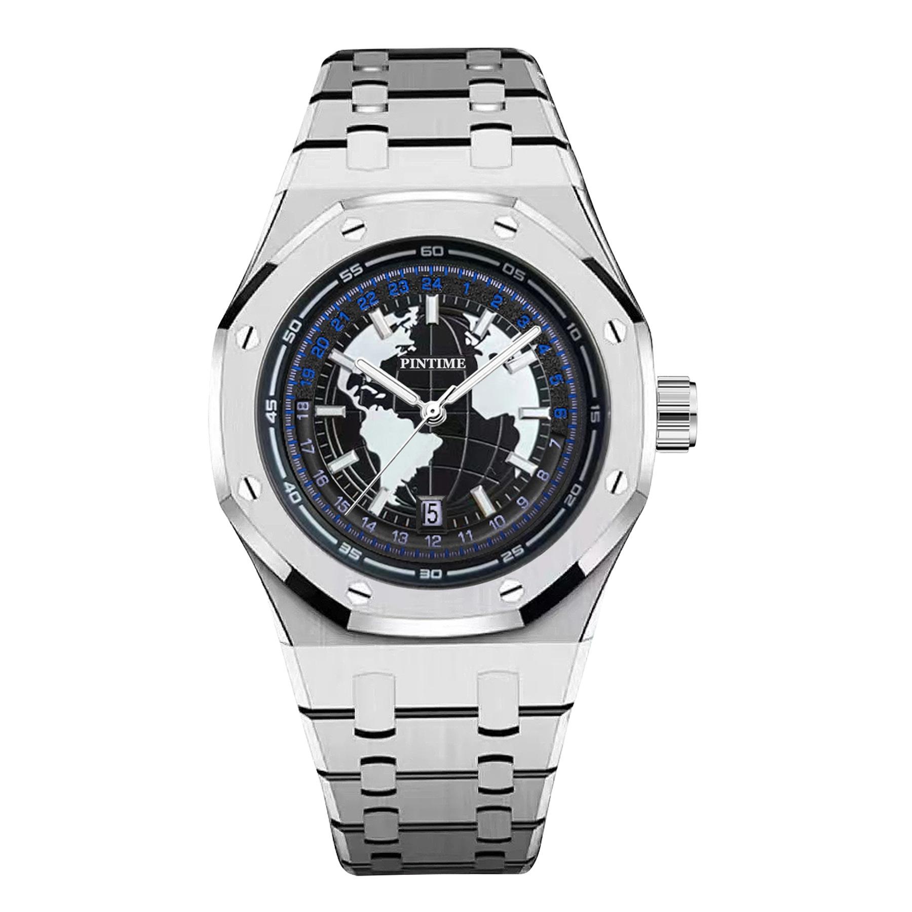 

PINTIME Мужские часы в стиле Земли из нержавеющей стали, кварцевые наручные часы Голубая планета для мужчин, люминесцентные, водонепроницаемые, с датой серебряный