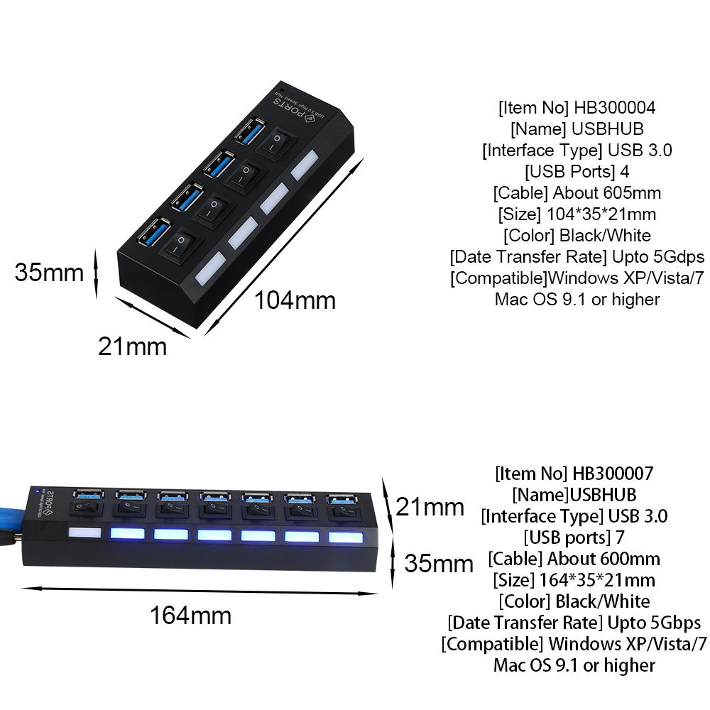 Sync Data Converter Splitter 5Gbps High Speed 4/7 Port USB 3.0 Hub AC Power Adapter on/Off Switches