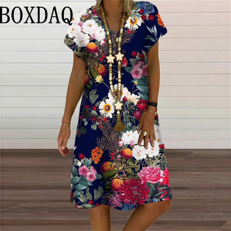 3D Butterfly Pattern Dress For Summer 2024 Women Clothes Oversized Fashion Short Sleeve Flower Print Dress Casual V-Neck Dresses