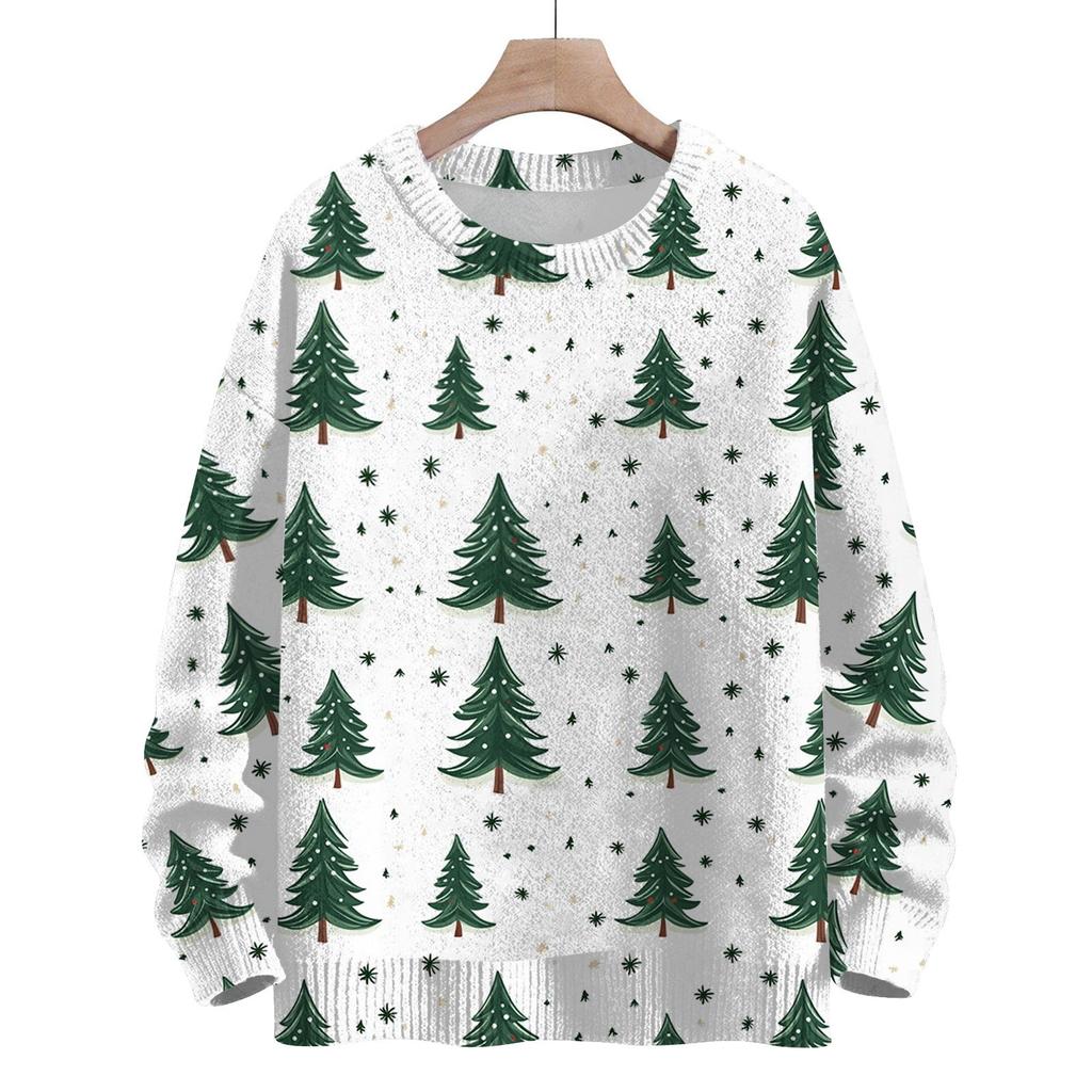 Women's Fashion Round Neck Casual Long Sleeve Christmas Cute Printed Woolen Knit Top