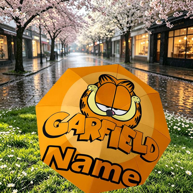 Personalisierter Garfield-Druckschirm mit individuellem Namen, Automatisches Öffnen und Schließen, Stabiler 8-Rippen-Rahmen, Für Pendeln, Camping, Wandern, Geburtstagsgeschenk