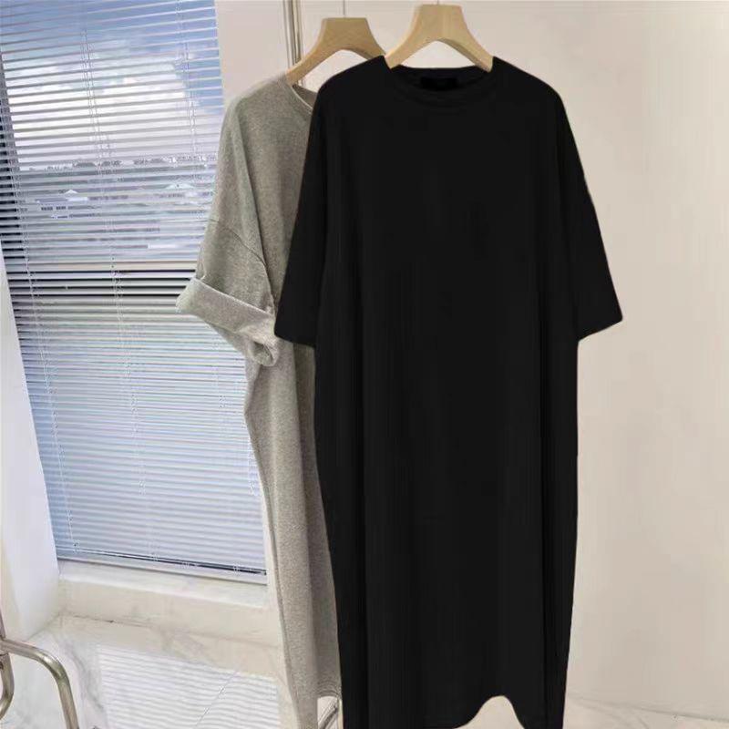 Large Size Women's Pure Cotton Short-sleeved T-shirt Dress, Summer Top, Fat Mm To Cover The Belly, Age Reduction and Thin Knee Dress