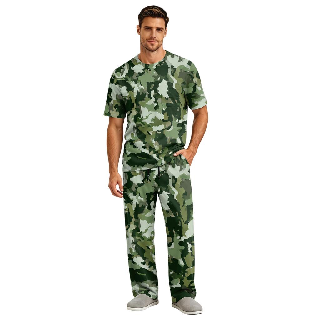 Herren Kurzarm-Schlafanzug-Set mit langer Hose, Schrittknopf und elastischem Kordelzugbund für zu Hause