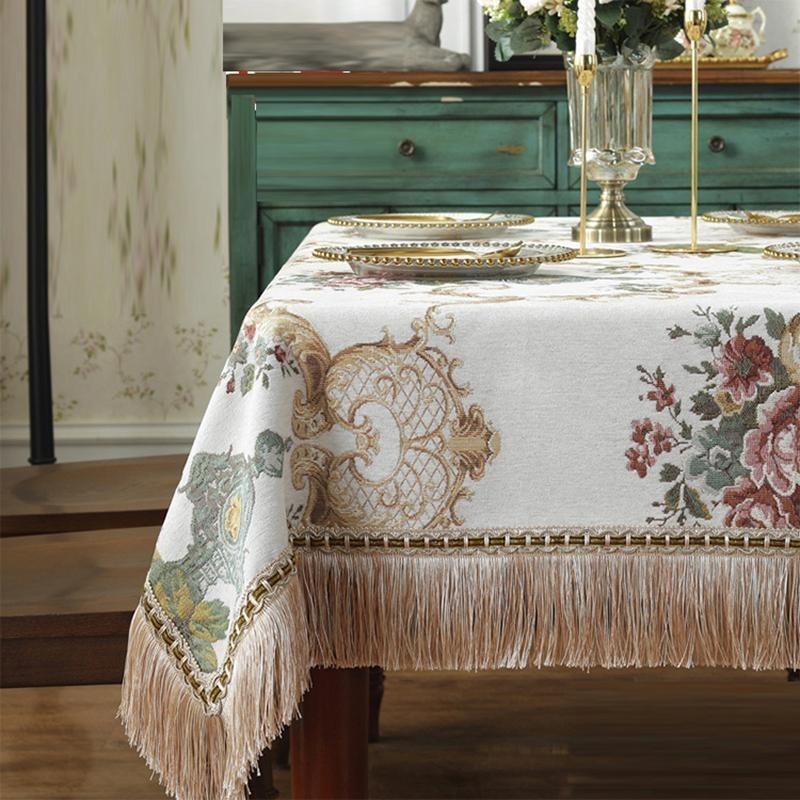 

European Style Flower Tassel Tablecloth Thicken Chenille Rectangular Table Cover Round Dining Table Coffee Cloth Dust-proof 90x90cm