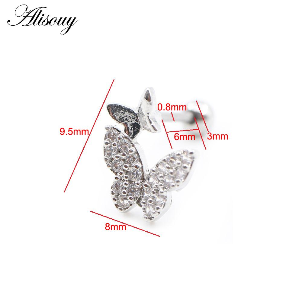 Alisouy 2PCS Butterfly Resin Zircon Ball Stainless Steel Women Men Ear Stud Earrings Cartilage Tragus Helix Pierceing Jewelry