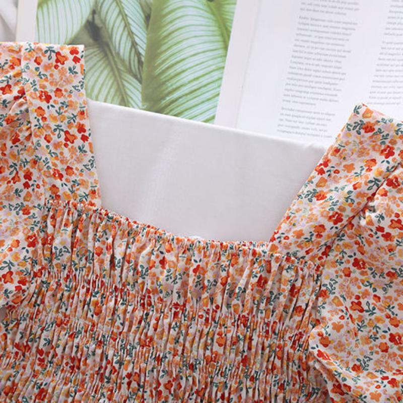 Broken Flower Sweet Puff Sleeve Women Blouse Slim Elastic Waist Square Neck Short Sleeve Top Lace Bow Decoration Fairy Casual