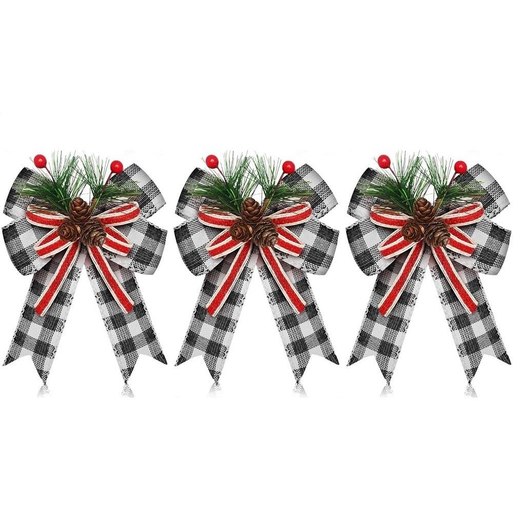 3 Pcs Christmas Burlap Plaid Bow with Pine Cones Pine Needles Xmas Checkered Ribbon Bow for Christmas Indoor Outdoor Farmhouse