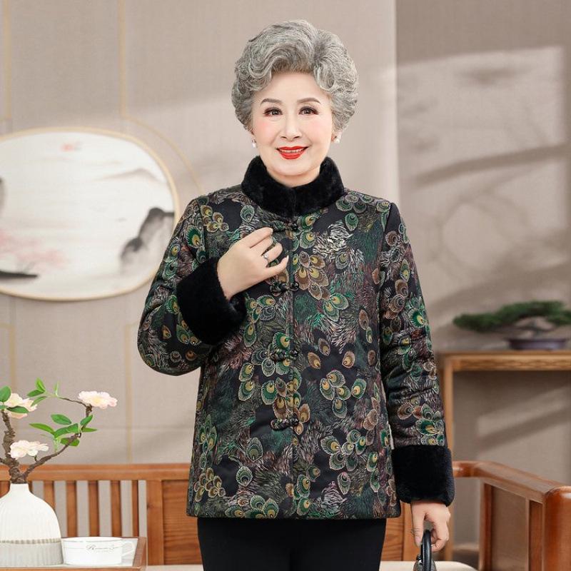 Thickened Winter Cotton Jacket for Elderly Women, Warm Coat with Fleece Lining
