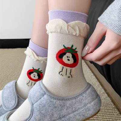Meias Cano Alto de Algodão Préppy Esportivas com Desenho de Cachorro Gato Tomate Novas para Primavera e Verão