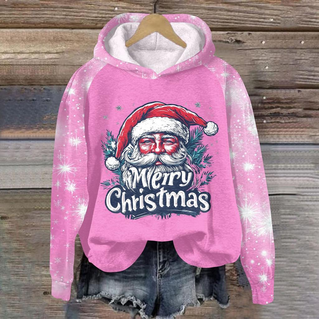 Women's Fashion Pullover Plunging Sleeve Christmas Printed Hooded Sweatshirt