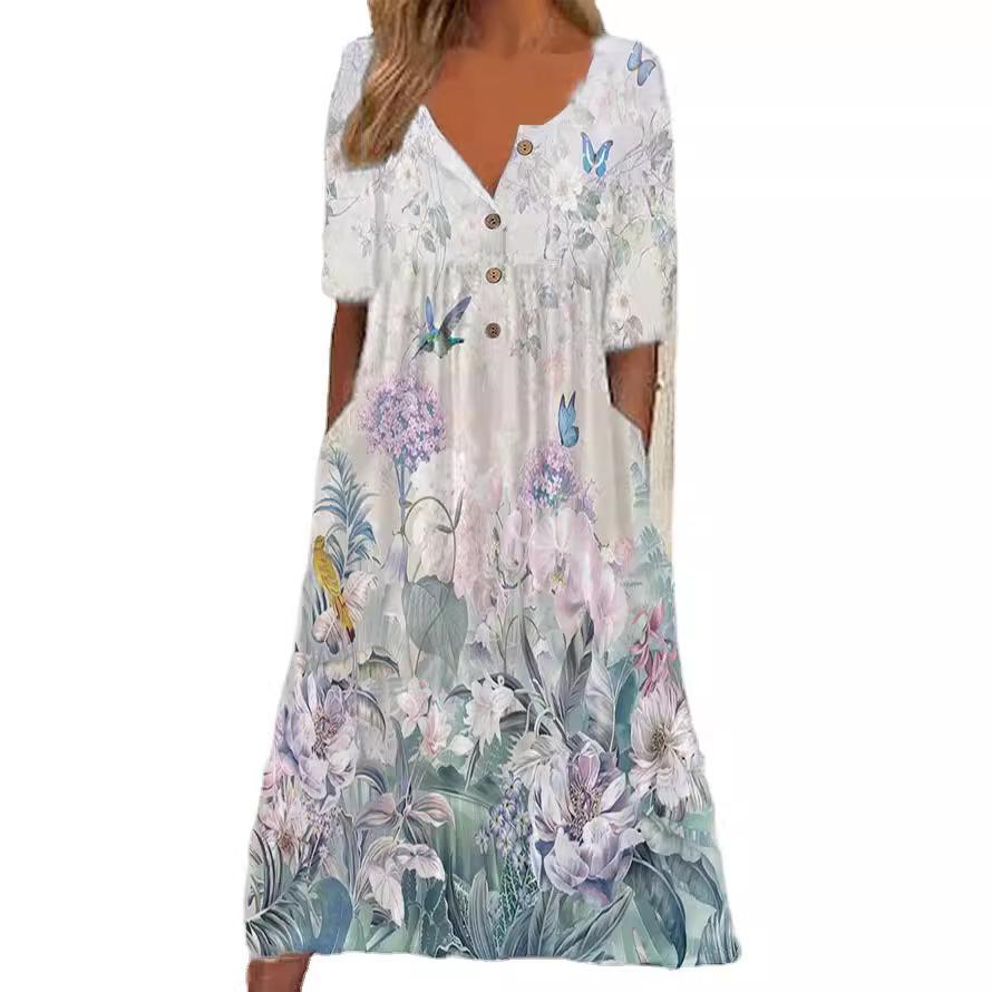 2026 Spring V-Neck Button Short-Sleeve Maxi Dress with Pockets