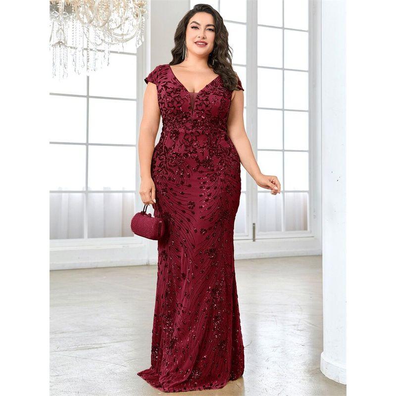 New European and American Style Plus-Size Sequined Evening Dress, Elegant Slim-Fit Fishtail Gown, Long Dress for Toasting at Weddings Wine Red 3XL