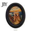 Modern Wood Wall Decoration Abstract Art Cat Decor, Oval 2D Framed Funny Painting Contemporary Birch Print, Vintage Ornament for Living Room