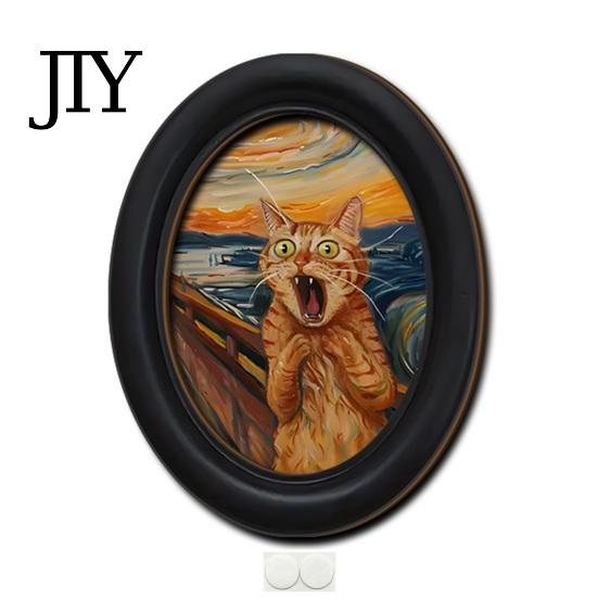 Modern Wood Wall Decoration Abstract Art Cat Decor, Oval 2D Framed Funny Painting Contemporary Birch Print, Vintage Ornament for Living Room