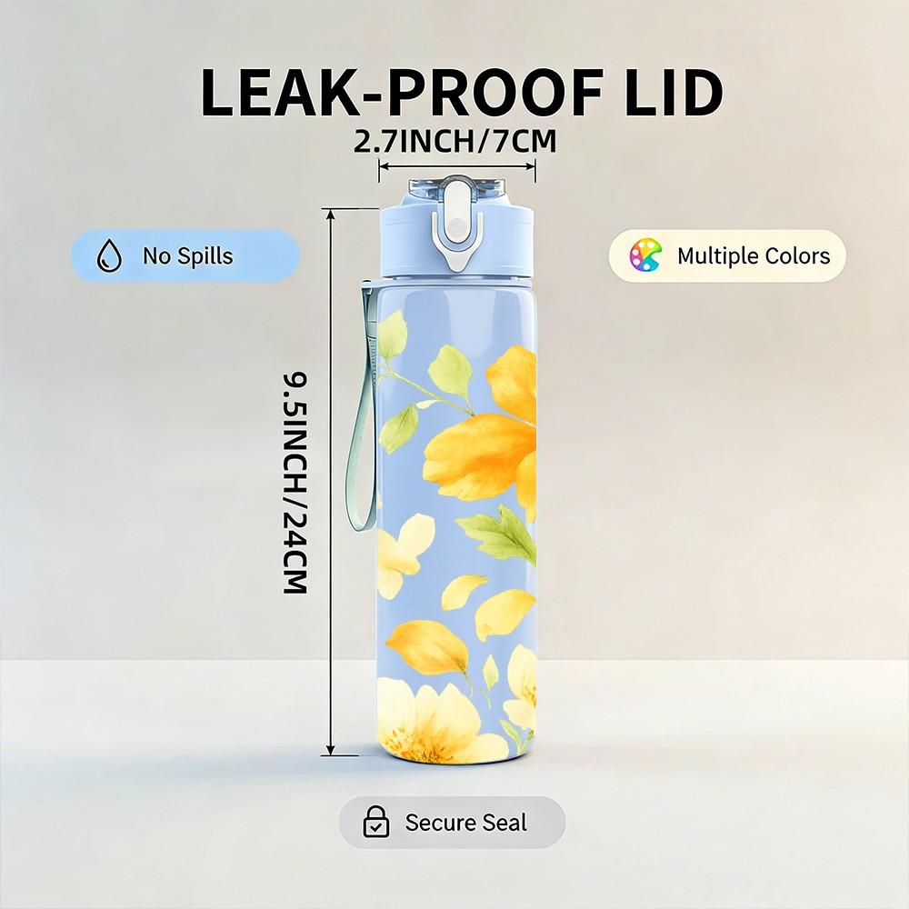 1PC Bright Yellow Daisy Floral Pattern Print 750ml Color Plastic Sports Water Bottle Leakproof Flip Straw Lid Suitable for Sports Office Home Use
