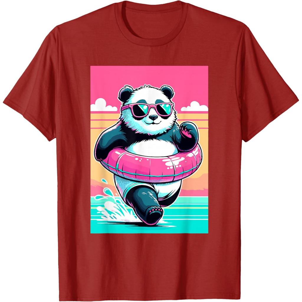 Funny Summer Panda Graphic Tee Cool Cartoon Animal Swim Ring Summer Vacation Beach T-Shirt