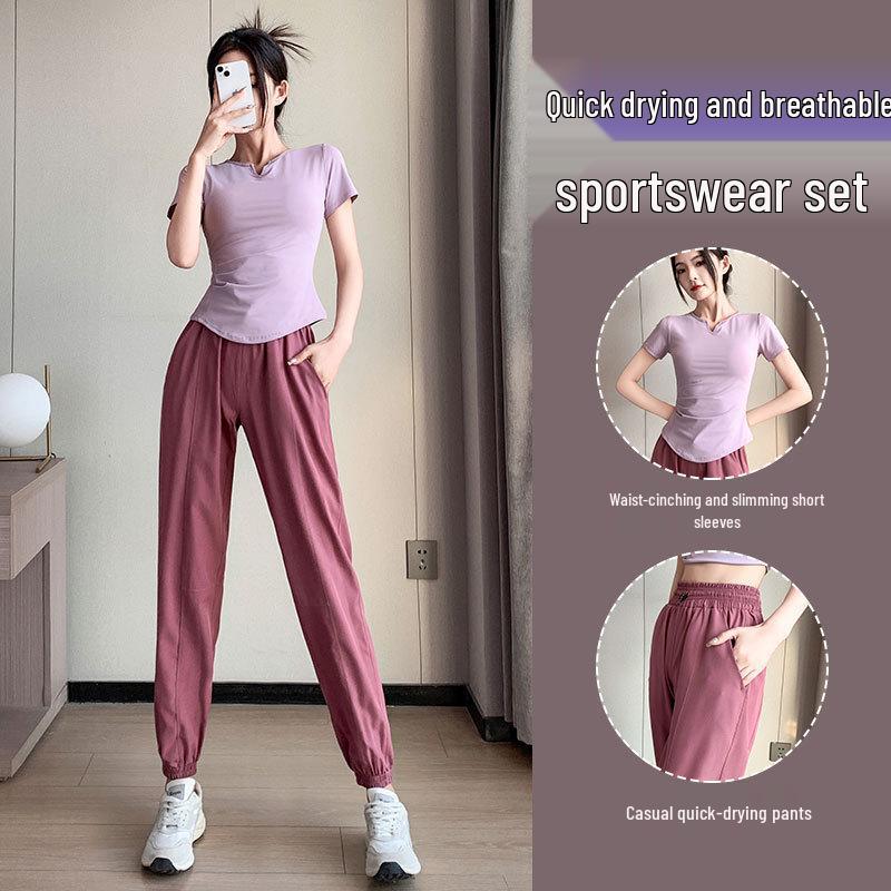 Women's Quick-Dry Yoga Set: Short Sleeve & Pants with Chest Pad for Summer 2025 Morning Runs