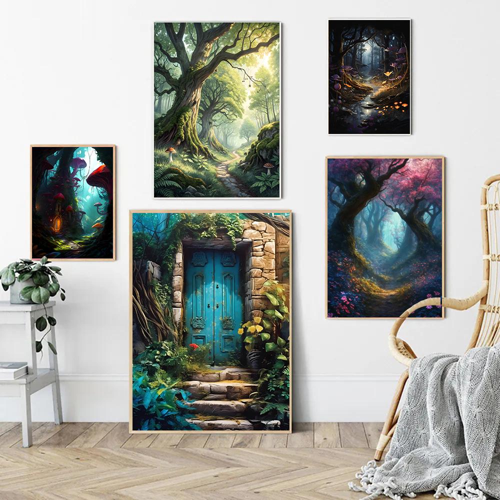 Mysterieuze Betoverde Bos Poster Zonovergoten Elfenbos Pad Sprookjes Prints Canvas Schilderij Muurfoto Huis Woonkamer Decor