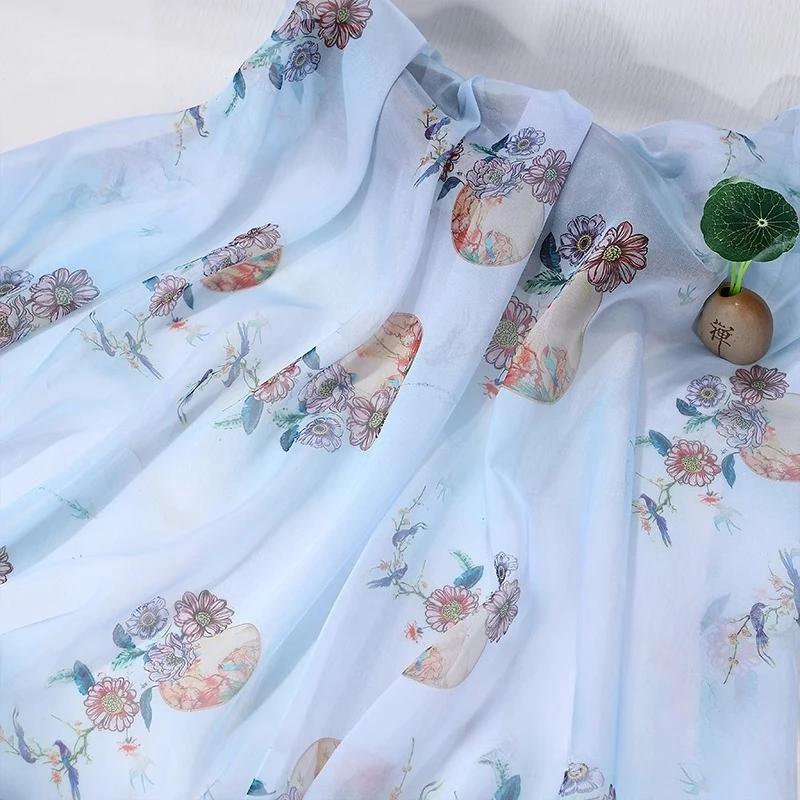 Hedvábný šátek dekorativní 30D Tištěný šifon Inkoustová malba Čínský styl Látka Starobylý kostým Hanfu Sukně Gáza Gázová oděvní látka