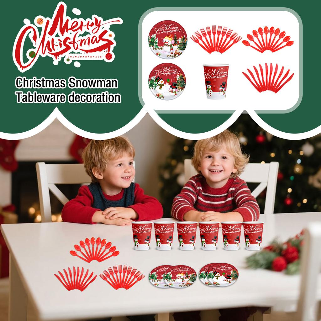Christmas Themed Party Decoration, Christmas Snowman Paper Cup, Paper Tray, Knife, Fork, Spoon