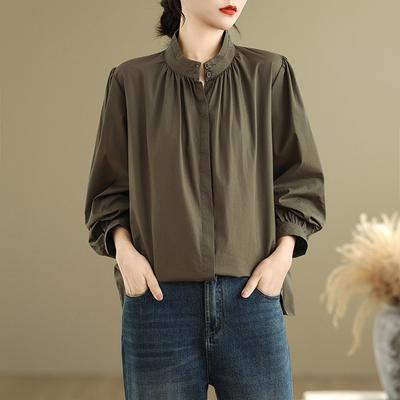 Ανοιξιάτικη Λογοτεχνία Χαλαρό Μονόχρωμο Όρθιος Γιακάς Μανίκια Φανάρι Μακρυμάνικη Μπλούζα Γυναικεία Μπλούζα Τοπ Μπλούζες & Πουκάμισα