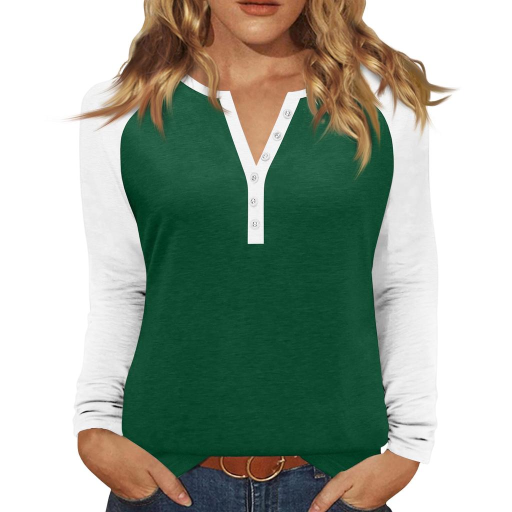 Women's T Shirt Color Block Button Long Sleeve Daily Weekend Fashion Basic V- Neck Regular Top