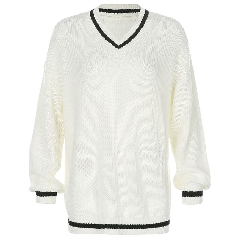 

V-neck Woolen Loose Knit Long-sleeved Sweater White L