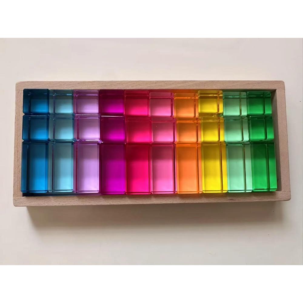 Nový design Montessori hračky prohlédnou duhové Lucite stohovací bloky Akryl Vysoce transparentní pro děti Open Play