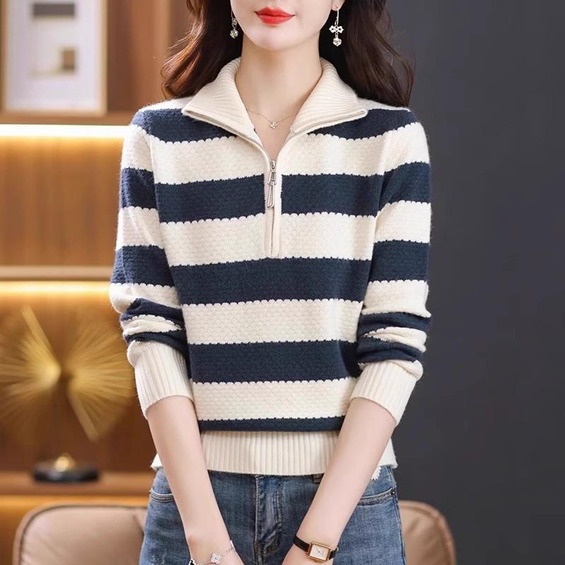 Striped Half-Zip Lapel Knit Sweater – Women's Autumn/Winter Slimming Base Layer