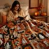 Soft Pumpkin Bat Print Bed Cover & Throw Blanket, Halloween Cozy Flannel Decorative Bedding Plaid for Couch Sofa Bed, Fall Home Decor