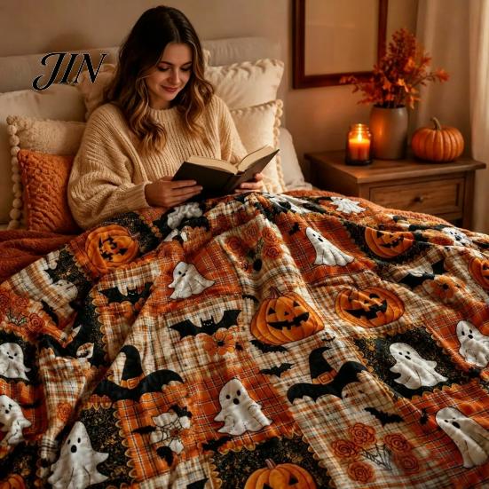 Soft Pumpkin Bat Print Bed Cover & Throw Blanket, Halloween Cozy Flannel Decorative Bedding Plaid for Couch Sofa Bed, Fall Home Decor