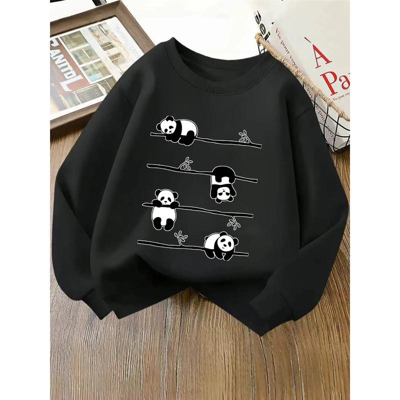 European sizes Kids' Round-Neck Hoodie | Panda Climbing Tree Branches Pattern, , Sportswear and Casual Wear, Soft and Comfortable