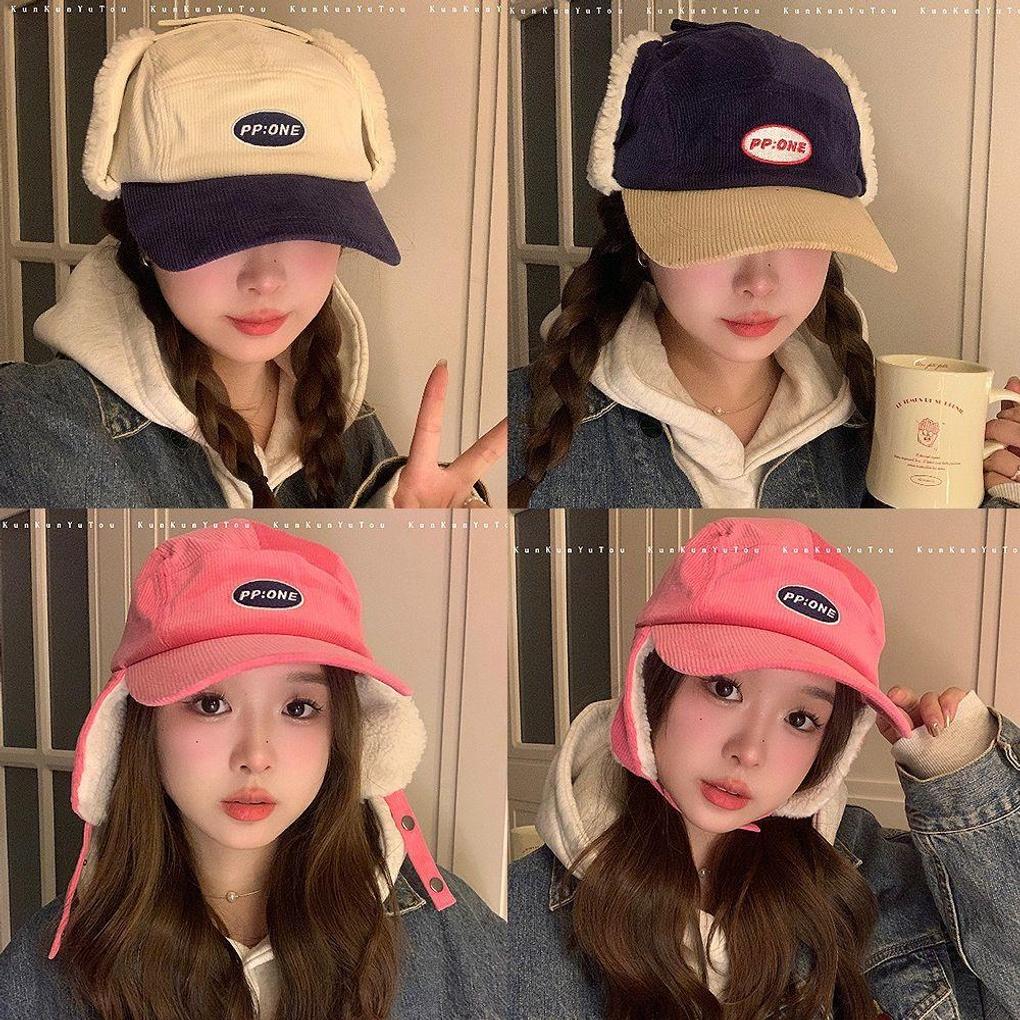 

Golden Earflap Ball Cap Two-Way Winter Color Block Fashion Hat Fleece Pippi Golden_Navy