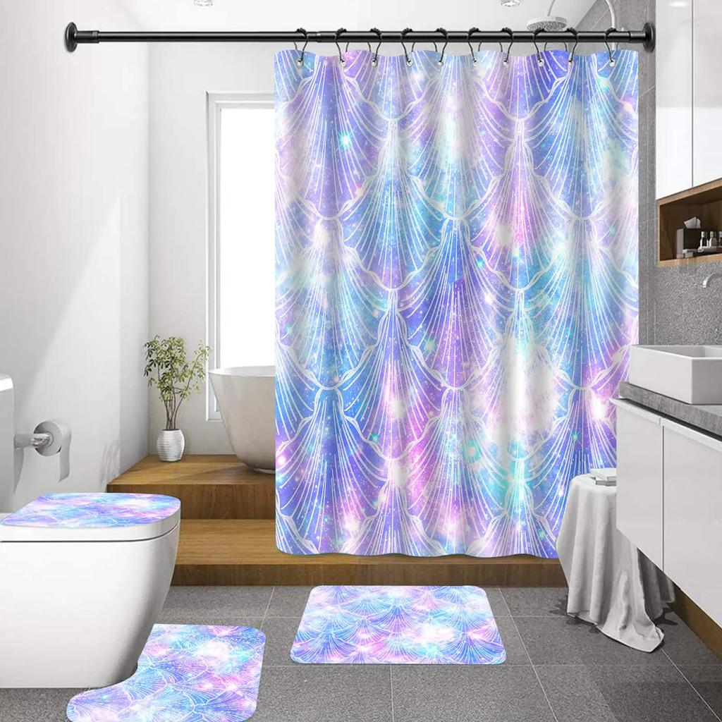 Mermaid Shower Curtain Set With Non-Slip Rugs Toilet Lid Cover Bath Mat Kids Ocean Coral Starfish Bathroom Shower Curtains Set