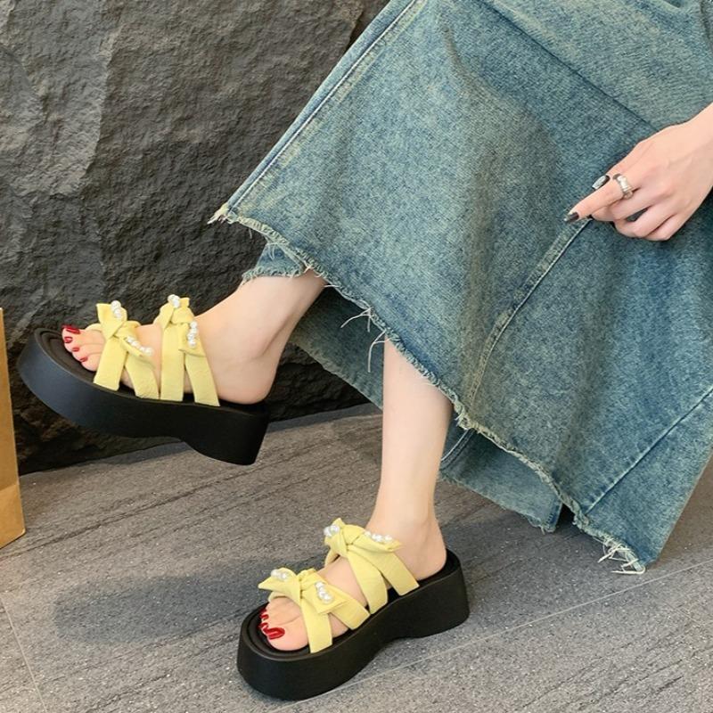 Fashion Summer New Rhinestone Bow Wedge Slippers Women's Fashion Round Toe Open Toe Platform Anti-Slip Wear-Resistant Flats