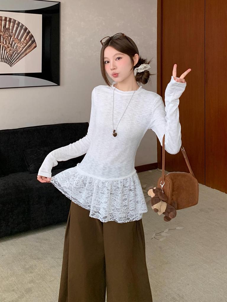 Women's French Lace Patchwork Long Sleeve Ruffle Turtleneck for Fall/Winter Layering