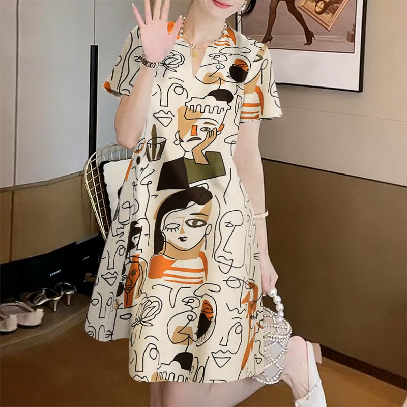ZANZEA Women Casual V-Neck Short Sleeve Loose Print Dress