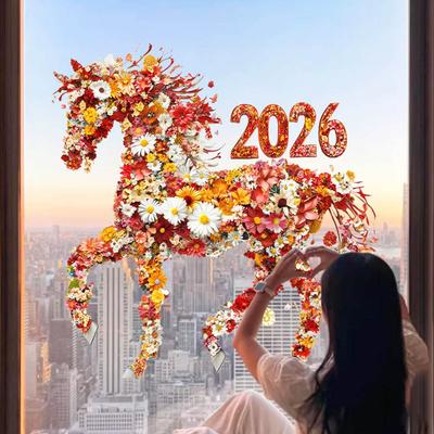 Adesivi Elettrostatici in Vinile Fiore Rosso Cavallo Anno 2026 su Porta Finestra Vetro Parete Rimovibili per Decorazioni Casa Ufficio Stanza