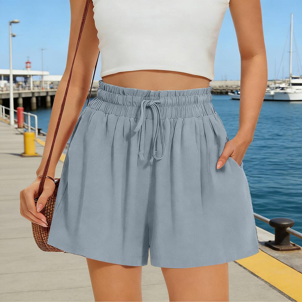 Modische Damen Farbe Elastischer Bund Tasche Lässig Locker Baumwolle Leinen Shorts