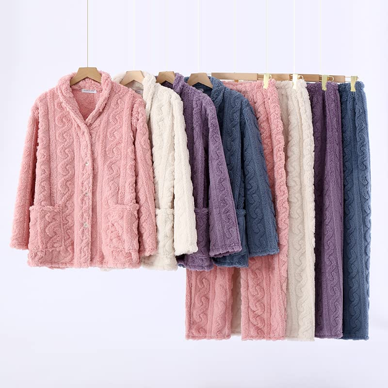 Fluffy Pajamas Striped Fluffy Flannel Warm Fluffy Room Wear Loungewear Sleepwear Gift Day Salmon Women's Autumn/Winter Mother's (L, Pink)