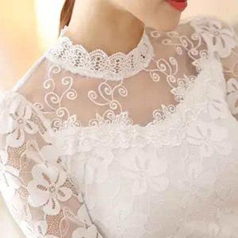 Lace Bottoming Shirt Women's Foreign Style Spring and Summer Plus Size Women's Chiffon Tops Slim Fit Stand-up Collar Hollow Shirts