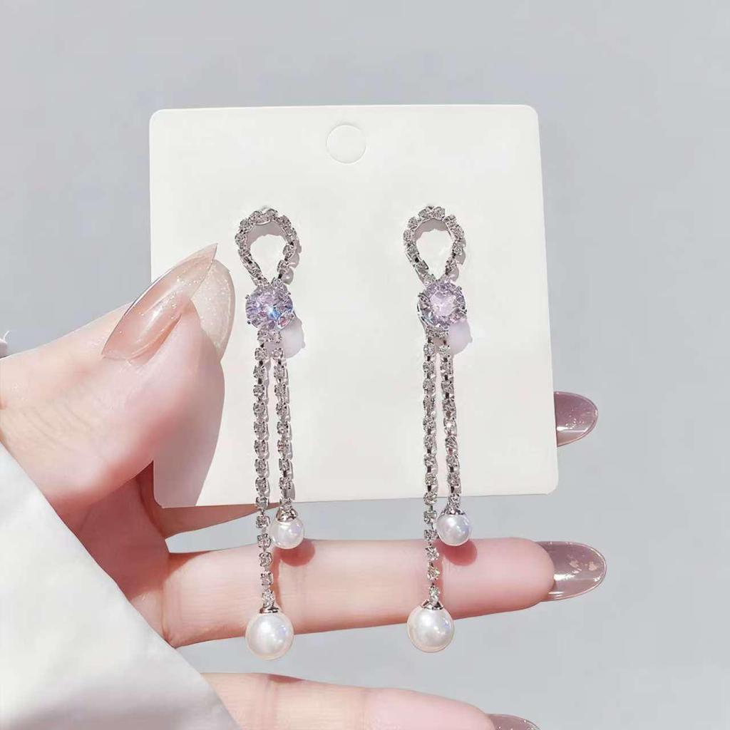 Korean Zircon Pearl Tassel Dangle Earrings - High-End Long Studs, New Super Fairy Style