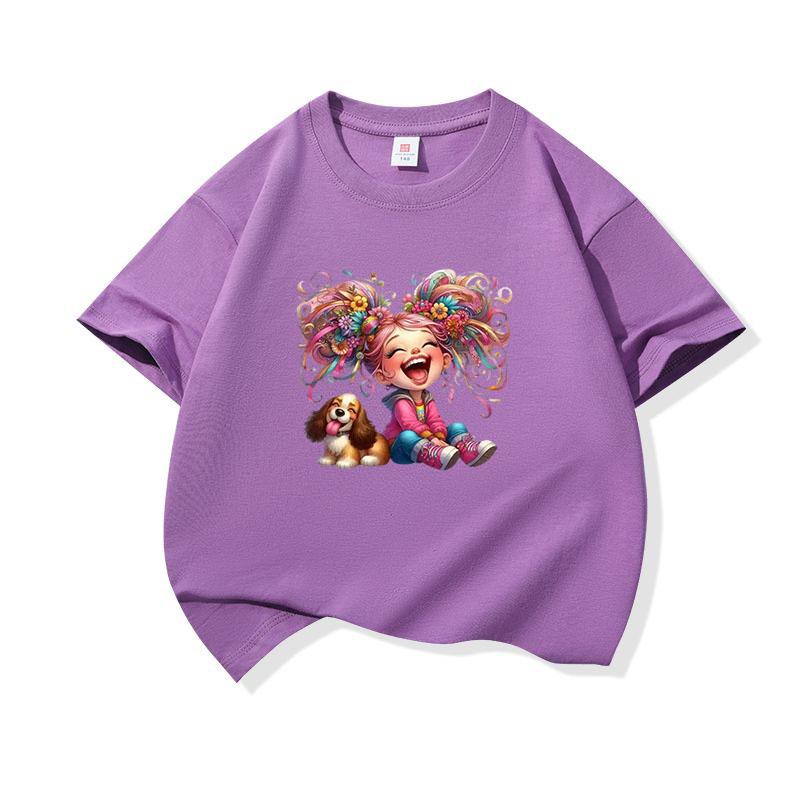 Kids Cotton T Shirt Rainbow Hair Laughing Girl Sitting With Puppy Print Crew Neck Short Sleeve Tee Casual Boys Girls Summer Tops