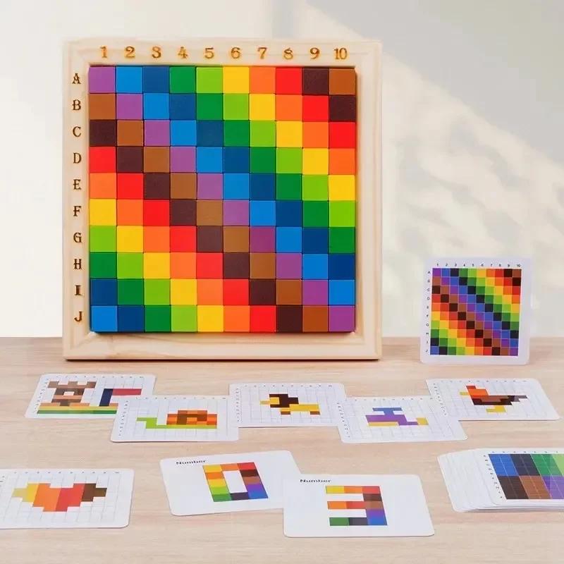

Montessori Color Counting Building Block Wooden 10*10 Puzzles Jigsaw Toy 3D Space Stacking Game for Kids Gift Early Learning Toy