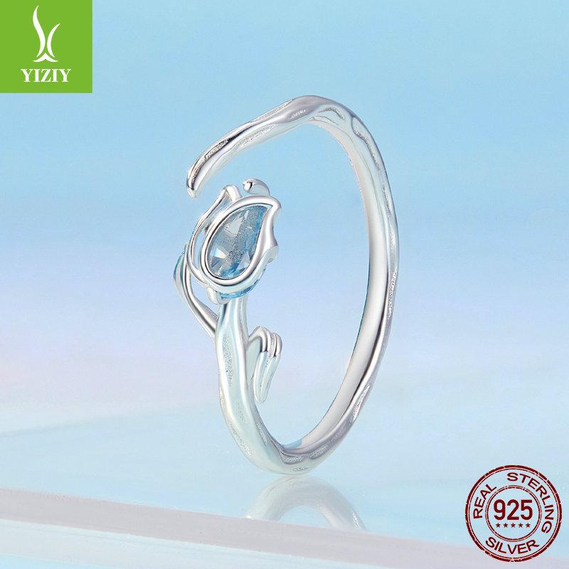 Blue Tulip Open Ring Women'S, Niche Premium Elegant Wind 925 Sterling Silver Ring Jewelry