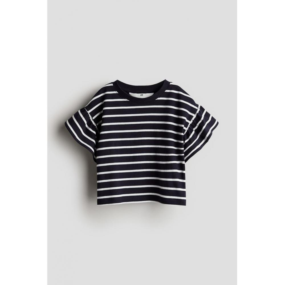 

H M Flounce Sleeve Jersey Top Navy Blue Stripe