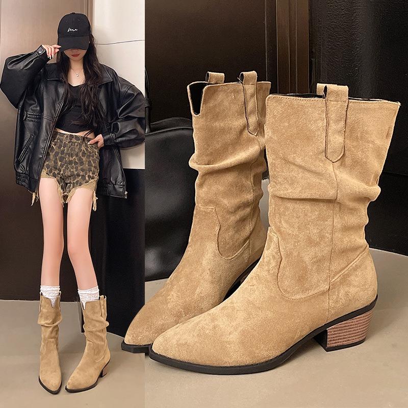 - Plus Size Vintage Pleated Stack Boots Women's New Boots Frosted Mid-leg Boots Women's Autumn and Winter