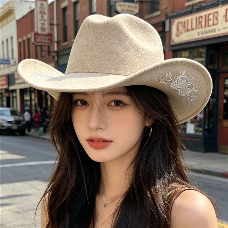 New Straight Hair Exquisite Three-dimensional Embroidered Denim Jazz Hat Outdoor Travel Western Style Suede