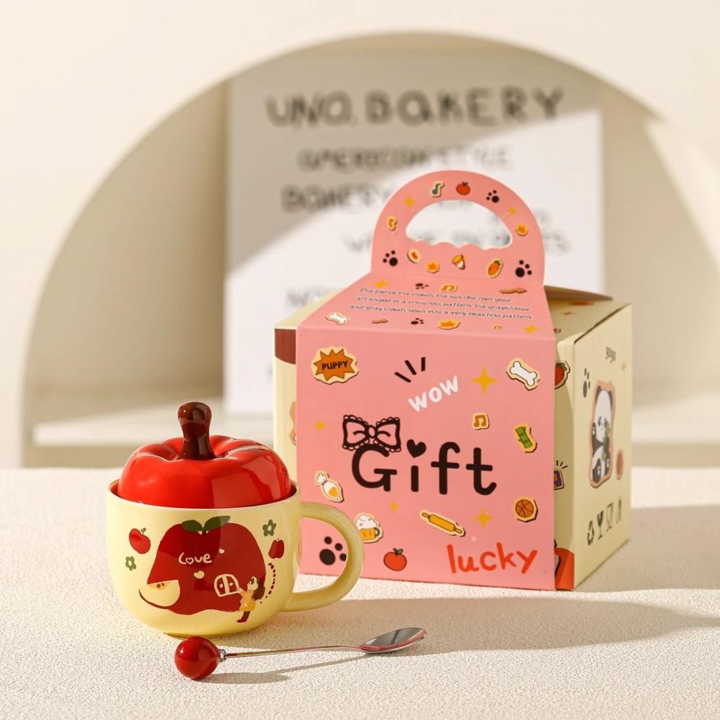 Niedliche Apfel-Keramiktasse mit Deckel Löffel Geschenkbox Kreative Haushalts-Wassertasse für Mädchen Super süße Souvenir-Geschenktasse