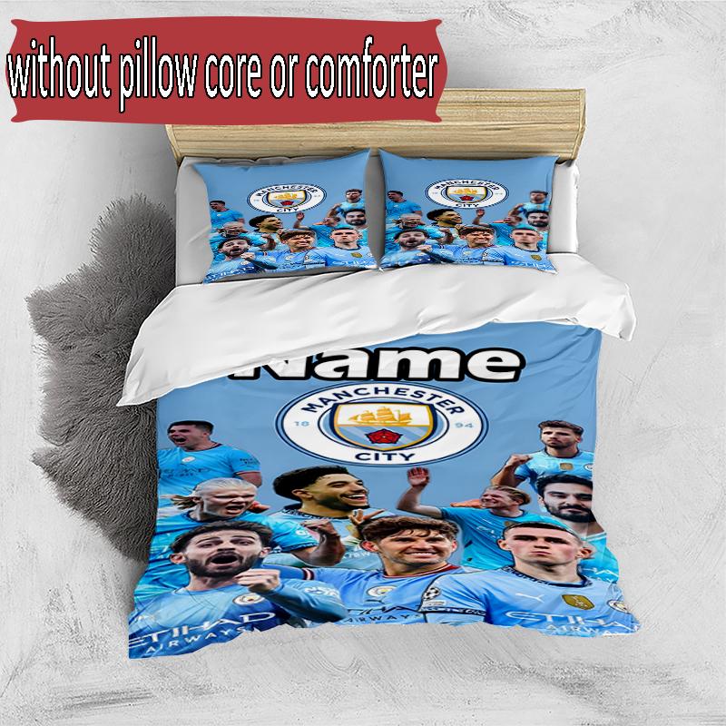 3pcs Duvet Cover Set (1*Duvet Cover + 2*Pillowcase, Without Core), Custom Name Manchester City FC Pattern Bedding Set, Home Bedroom Decor Gift